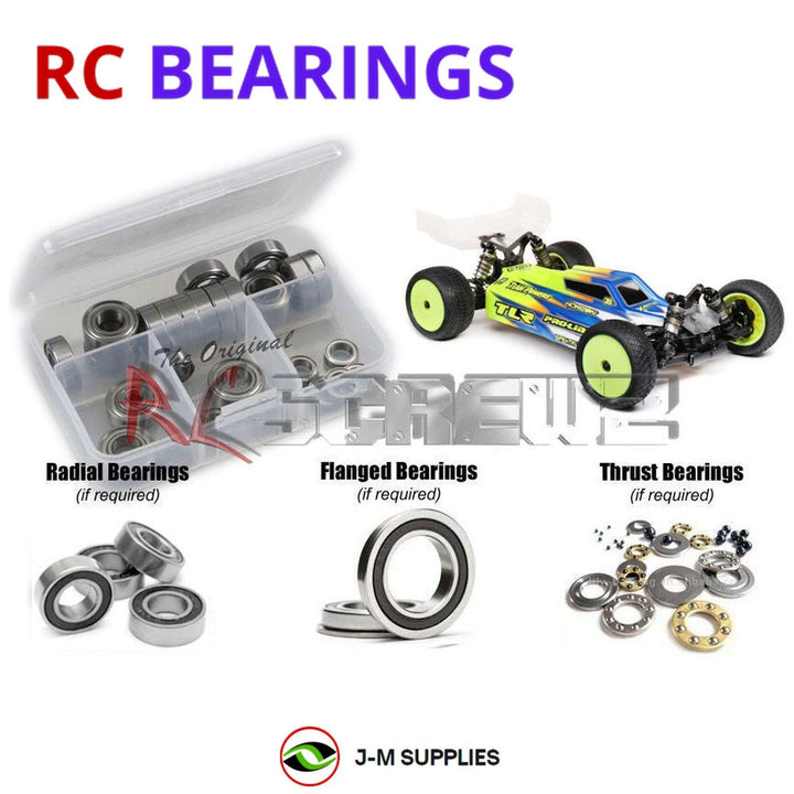 Representative image of an RCScrewZ rubber-sealed bearing kit for Losi TLR 22X-4 Elite 1/10 Electric 4WD Buggy (TLR03026); exact bearing sizes and quantities vary by RC model.