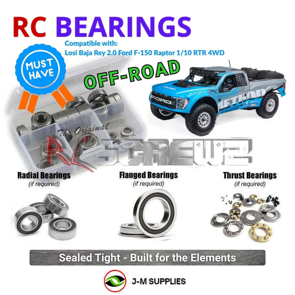 Representative image of an RCScrewZ rubber-sealed bearing kit for Losi Baja Rey 2.0 Raptor 1/10 4WD Truck (LOS03046); exact bearing sizes and quantities vary by RC model.