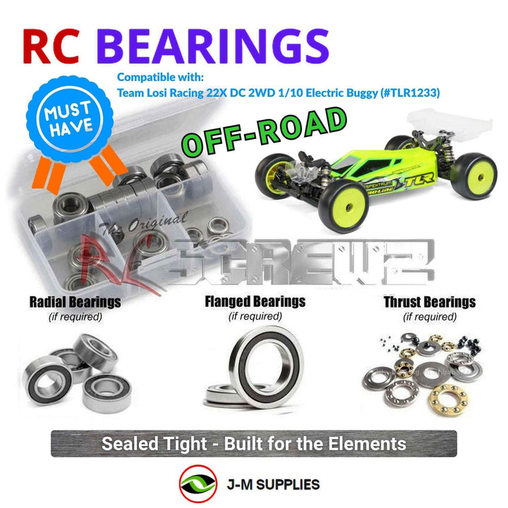 Representative image of an RCScrewZ rubber-sealed bearing kit for Losi TLR 22X DC 1/10 Electric 2WD Buggy (TLR-1233); exact bearing sizes and quantities vary by RC model.