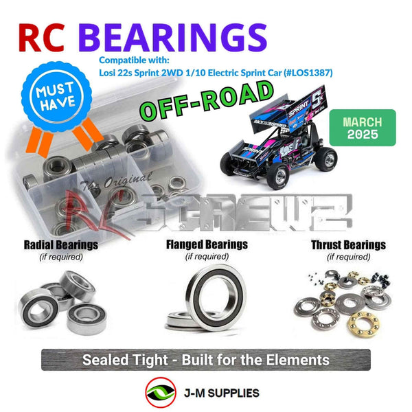 Representative image of an RCScrewZ rubber-sealed bearing kit for Losi 22S Sprint RTR 1/10 Electric 2WD (LOS-1387); exact bearing sizes and quantities vary by RC model.
