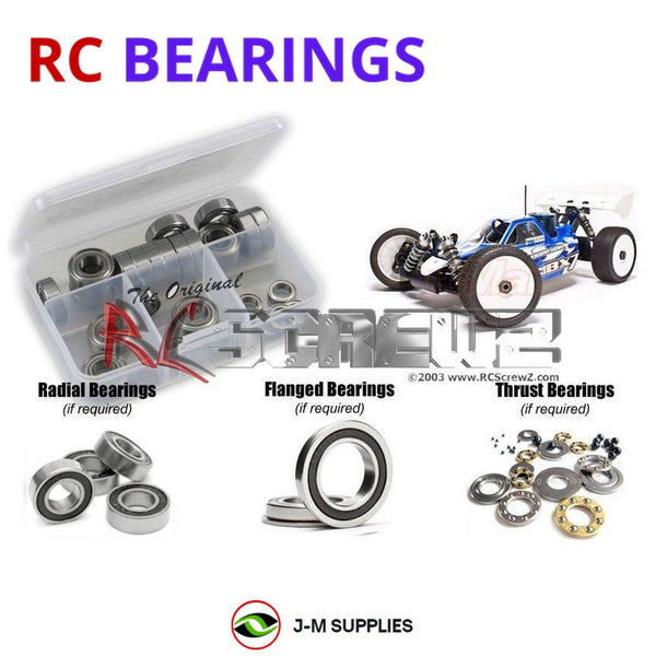 Representative image of an RCScrewZ rubber-sealed bearing kit for Mugen Seiki MBX-7 1/8th #E2001; exact bearing sizes and quantities vary by RC model.