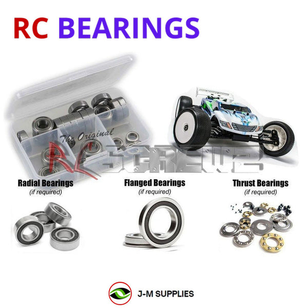 Representative image of an RCScrewZ rubber-sealed bearing kit for Mugen Seiki MBX-7T Eco #E2014; exact bearing sizes and quantities vary by RC model.
