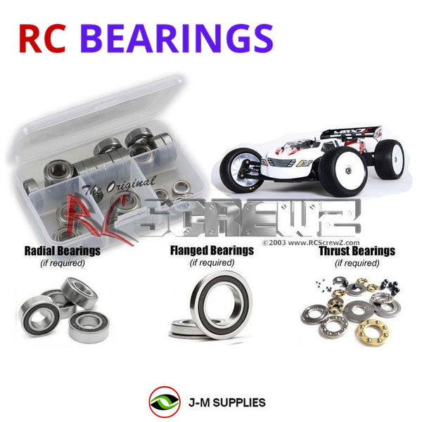 Representative image of an RCScrewZ rubber-sealed bearing kit for Mugen Seiki MGT7 TR Nitro E2019; exact bearing sizes and quantities vary by RC model.