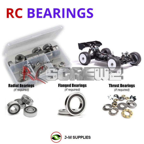 Representative image of an RCScrewZ rubber-sealed bearing kit for Mugen Seiki MBX8 ECO 1/8 ELECTRIC (#E2022); exact bearing sizes and quantities vary by RC model.