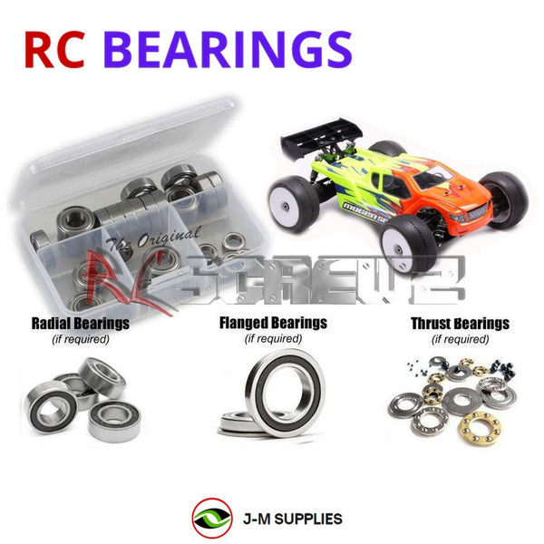 Representative image of an RCScrewZ rubber-sealed bearing kit for Mugen Seiki MBX8T ECO 1/8th Truggy (#E2024); exact bearing sizes and quantities vary by RC model.