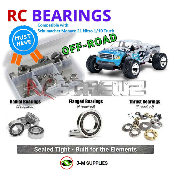 Representative image of an RCScrewZ rubber-sealed bearing kit for Schumacher Menace 21 RTR 1/10th Nitro Truck; exact bearing sizes and quantities vary by RC model.