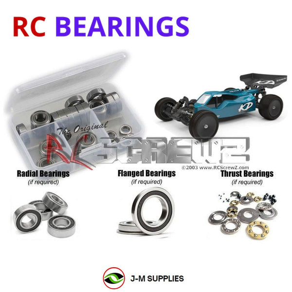 Representative image of an RCScrewZ rubber-sealed bearing kit for Schumacher Cat KD #K171; exact bearing sizes and quantities vary by RC model.