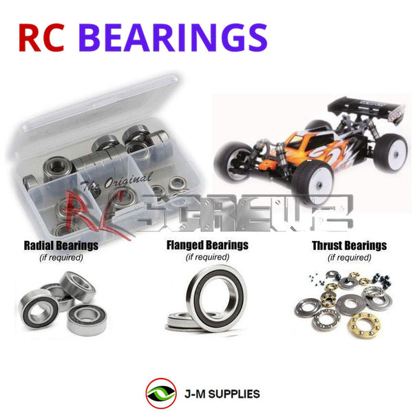 Representative image of an RCScrewZ rubber-sealed bearing kit for Serpent SRX8T-E 4WD 1/8 Electric Truggy (#600064); exact bearing sizes and quantities vary by RC model.