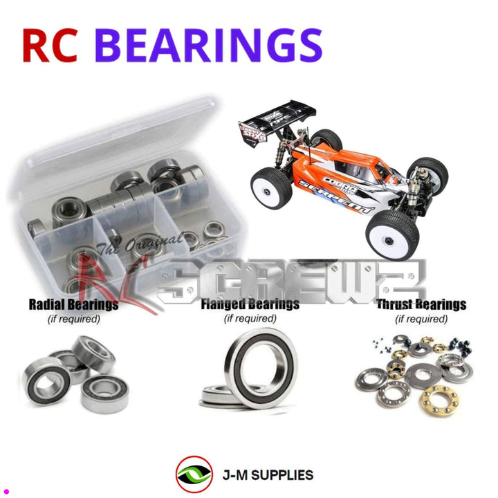 Representative image of an RCScrewZ rubber-sealed bearing kit for Serpent SRX8-E Pro 1/8 Electric 4WD Buggy (600021); exact bearing sizes and quantities vary by RC model.