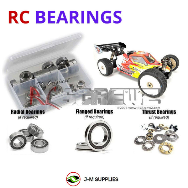 Representative image of an RCScrewZ rubber-sealed bearing kit for SWorkZ S350 Evo II 1/8th; exact bearing sizes and quantities vary by RC model.