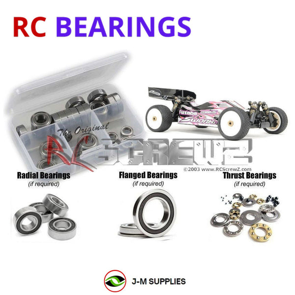 Representative image of an RCScrewZ rubber-sealed bearing kit for SWorkZ S104 Evo 4wd; exact bearing sizes and quantities vary by RC model.