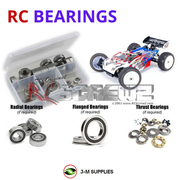 Representative image of an RCScrewZ rubber-sealed bearing kit for SWorkZ S350T 1/8th Truggy (#910019); exact bearing sizes and quantities vary by RC model.