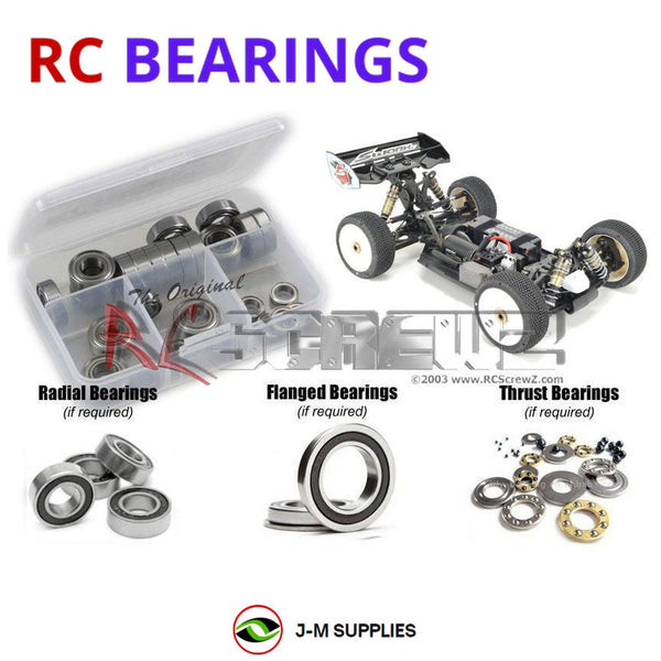 Representative image of an RCScrewZ rubber-sealed bearing kit for SWORKz S35-3e 1/8th #910027; exact bearing sizes and quantities vary by RC model.