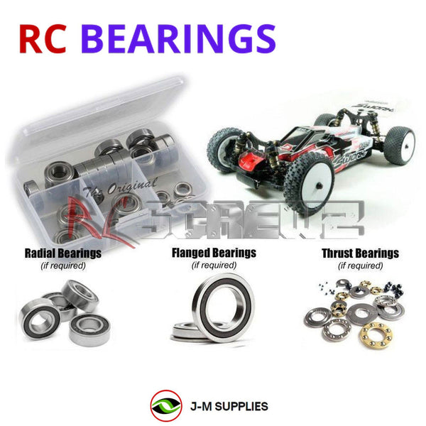 Representative image of an RCScrewZ rubber-sealed bearing kit for SWORKz S14-4C/4D #SW-910034C/D; exact bearing sizes and quantities vary by RC model.