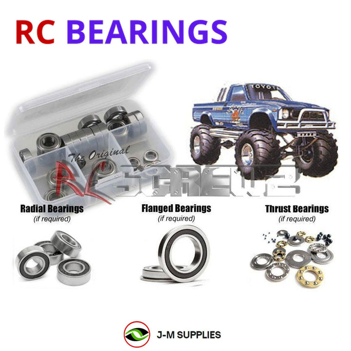 Representative image of an RCScrewZ rubber-sealed bearing kit for Tamiya Toyota Bruiser 1/10 Electric 4WD Truck (58048); exact bearing sizes and quantities vary by RC model.