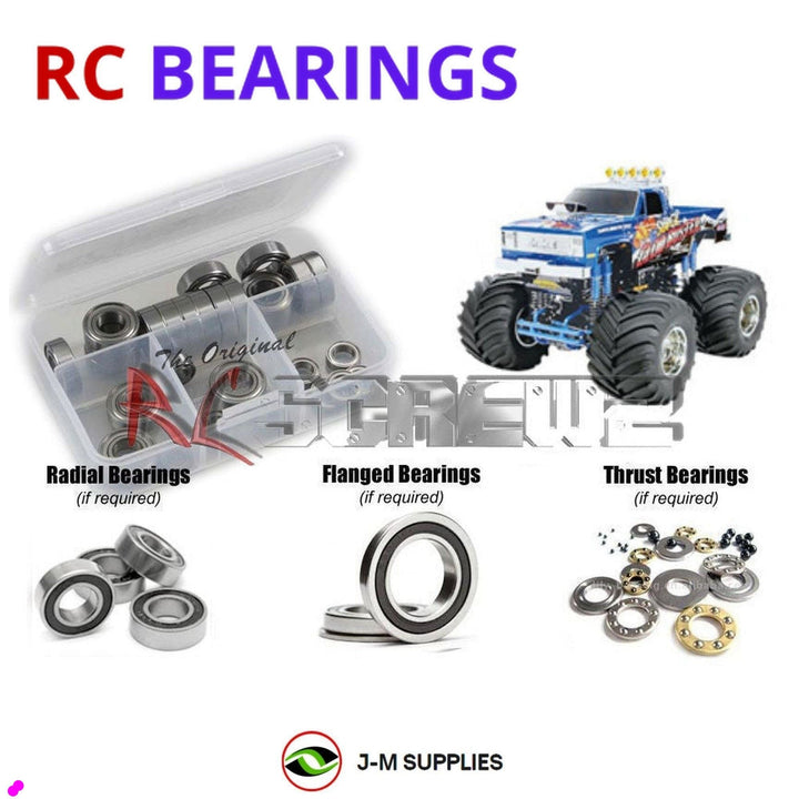 Representative image of an RCScrewZ rubber-sealed bearing kit for Tamiya Super Clod Buster 1/10 Electric 4WD Monster Truck (58321); exact bearing sizes and quantities vary by RC model.
