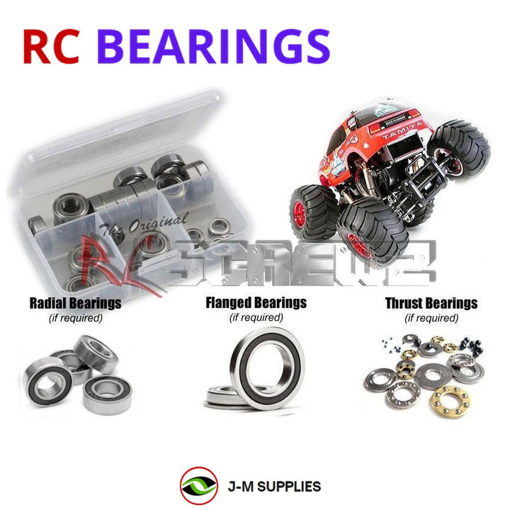 Representative image of an RCScrewZ rubber-sealed bearing kit for Tamiya TLT-1 Max Climber 1/18 Electric 4WD Monster Truck (47202); exact bearing sizes and quantities vary by RC model.