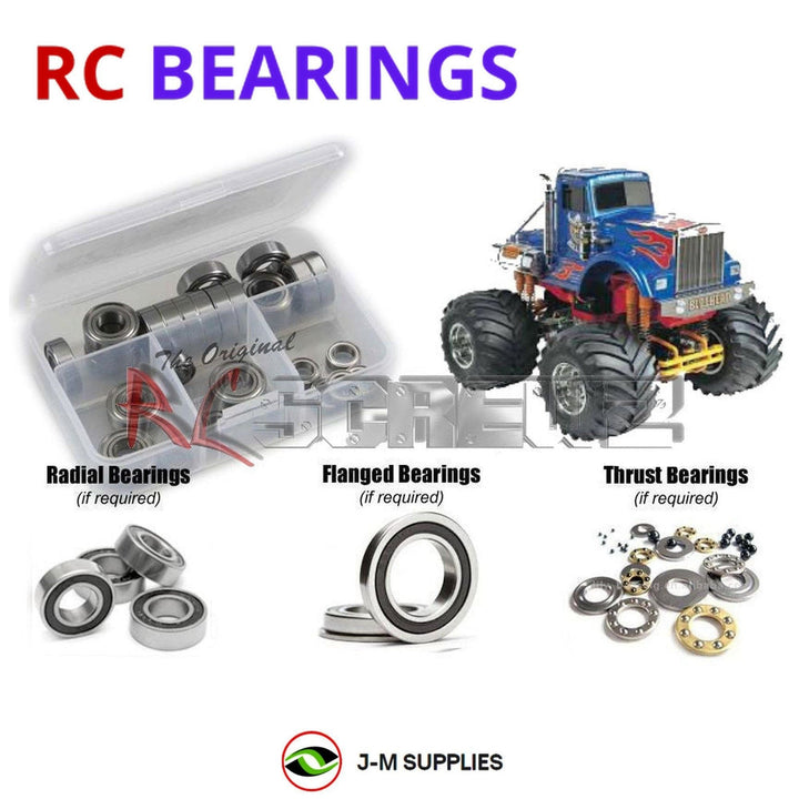 Representative image of an RCScrewZ rubber-sealed bearing kit for Tamiya Bullhead 1/10 Electric 4WD Monster Truck (58089); exact bearing sizes and quantities vary by RC model.