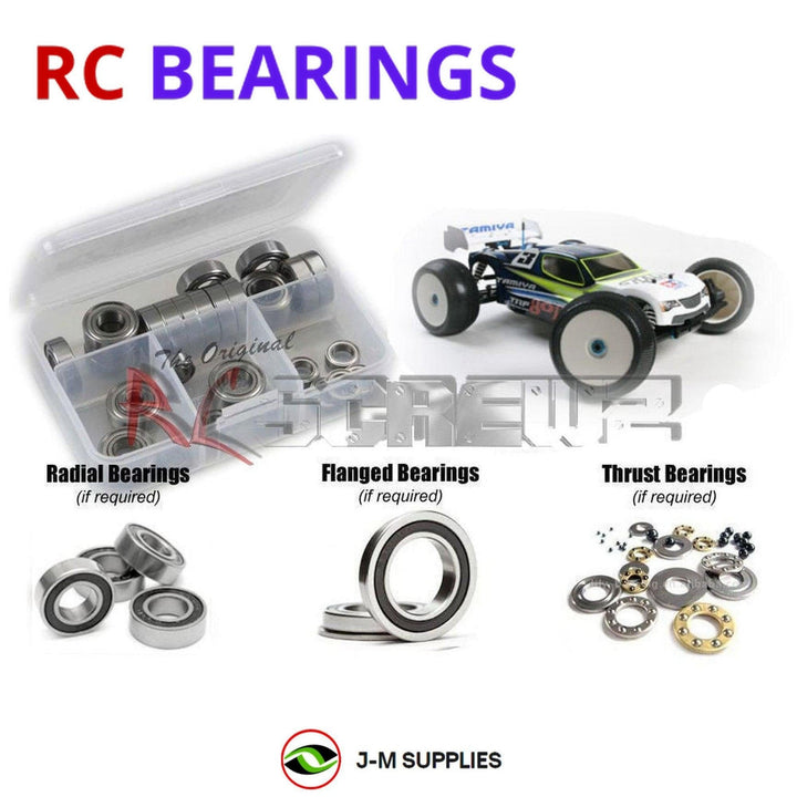 Representative image of an RCScrewZ rubber-sealed bearing kit for Tamiya TRF801Xt 1/8 Nitro 4WD Off-Road Truggy (49497); exact bearing sizes and quantities vary by RC model.