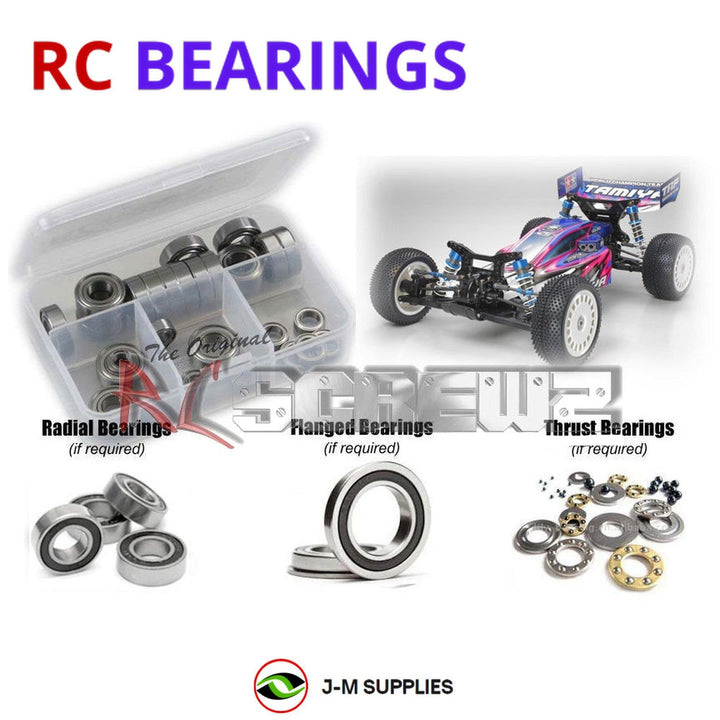 Representative image of an RCScrewZ rubber-sealed bearing kit for Tamiya DF-03MS 1/10 Electric 4WD Buggy (49496); exact bearing sizes and quantities vary by RC model.