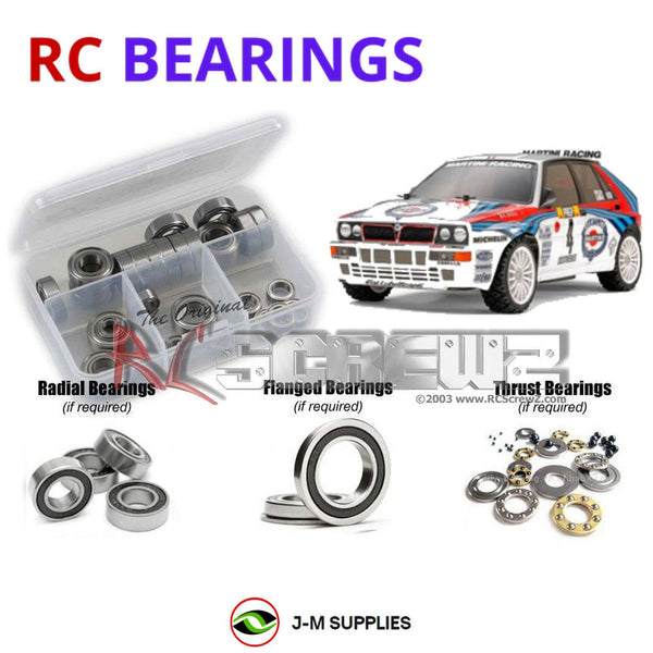 Representative image of an RCScrewZ rubber-sealed bearing kit for Tamiya DF-03Ra 1/10 Electric 4WD Rally Car (47552); exact bearing sizes and quantities vary by RC model.