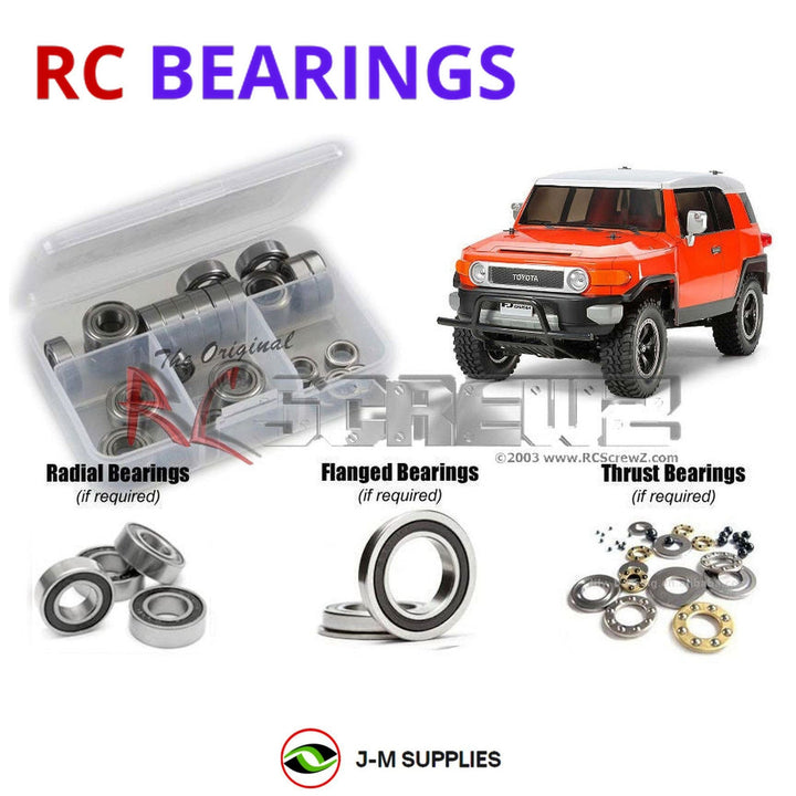 Representative image of an RCScrewZ rubber-sealed bearing kit for Tamiya Toyota FJ Cruiser CC-01 1/10 4WD SUV (58588, 58620); exact bearing sizes and quantities vary by RC model.