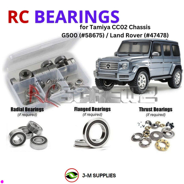 Representative image of an RCScrewZ rubber-sealed bearing kit for Tamiya CC-02 G500 Defender 1/10 Electric 4WD SUV (58675, 47478); exact bearing sizes and quantities vary by RC model.