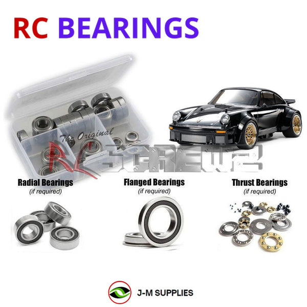 Representative image of an RCScrewZ rubber-sealed bearing kit for Tamiya Porsche 934 Black TA02SW 1/10 Electric 4WD (47362); exact bearing sizes and quantities vary by RC model.
