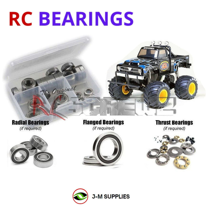 Representative image of an RCScrewZ rubber-sealed bearing kit for Tamiya Midnight Pumpkin 1/12 Electric 2WD Truck (58070); exact bearing sizes and quantities vary by RC model.