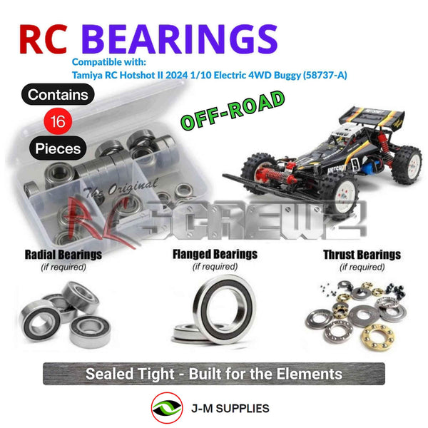 Representative image of an RCScrewZ rubber-sealed bearing kit for Tamiya Hotshot II 2024 1/10 Electric 4WD Buggy (58737); exact bearing sizes and quantities vary by RC model.