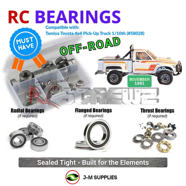 Representative image of an RCScrewZ rubber-sealed bearing kit for Tamiya Toyota 4x4 Pick Up 1/10 Electric 4WD (58028); exact bearing sizes and quantities vary by RC model.