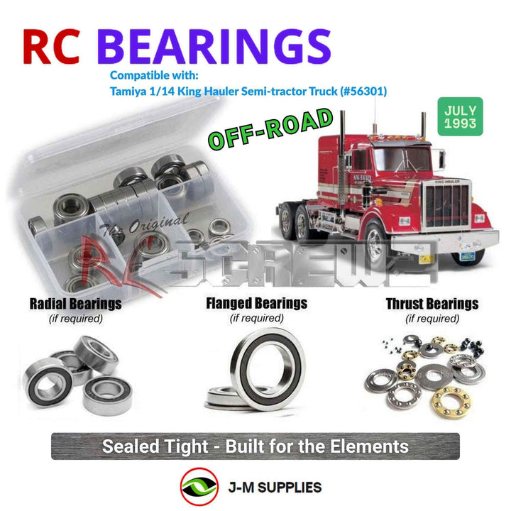 Representative image of an RCScrewZ rubber-sealed bearing kit for Tamiya King Hauler 1/14 Electric 6x4 Truck (56301); exact bearing sizes and quantities vary by RC model.