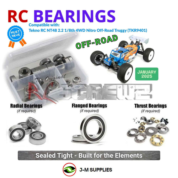 Representative image of an RCScrewZ rubber-sealed bearing kit for Tekno NT48 2.2 1/8 Nitro 4WD Truggy (TKR9401); exact bearing sizes and quantities vary by RC model.