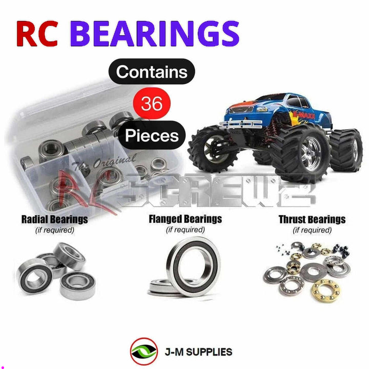 Representative image of an RCScrewZ rubber-sealed bearing kit for Traxxas E-Maxx 1/10 Electric 4WD MT (3903, 3906); exact bearing sizes and quantities vary by RC model.