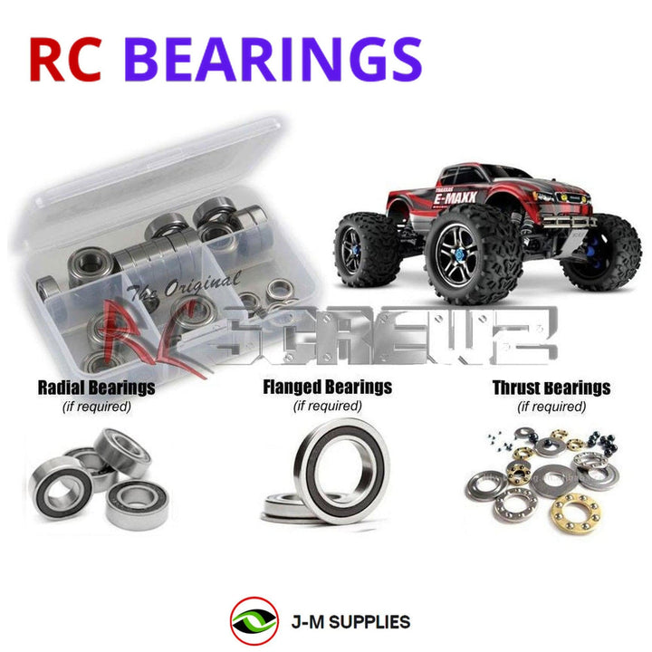 Representative image of an RCScrewZ rubber-sealed bearing kit for Traxxas E-Maxx Brushless TSM 1/10 4WD MT (39087-3); exact bearing sizes and quantities vary by RC model.