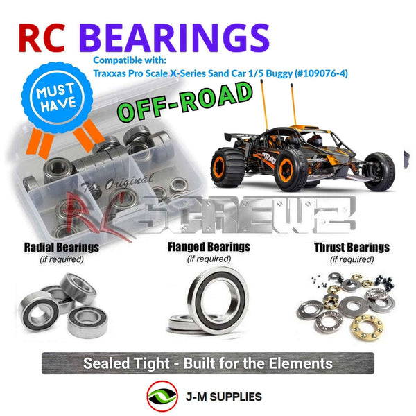 Representative image of an RCScrewZ rubber-sealed bearing kit for Traxxas X-Series Sand Car 1/5 2WD Sand Rail (109076-4); exact bearing sizes and quantities vary by RC model.