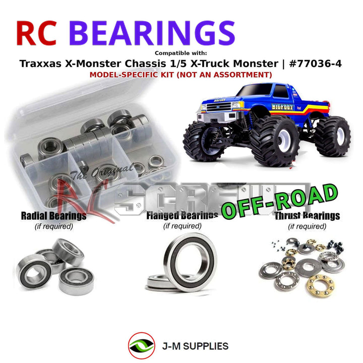 Representative image of an RCScrewZ rubber-sealed bearing kit for Traxxas X-Monster Chassis VXL-8S 1/5 4WD MT (77036-4); exact bearing sizes and quantities vary by RC model.