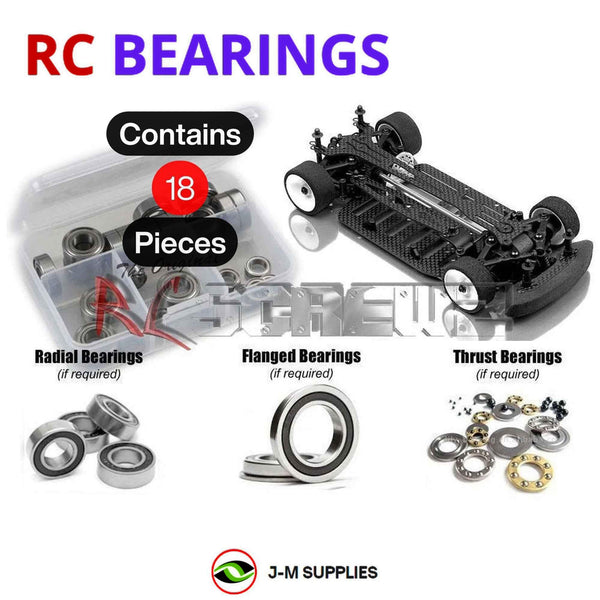 Representative image of an RCScrewZ rubber-sealed bearing kit for Team XRAY M18 Pro (#380002); exact bearing sizes and quantities vary by RC model.