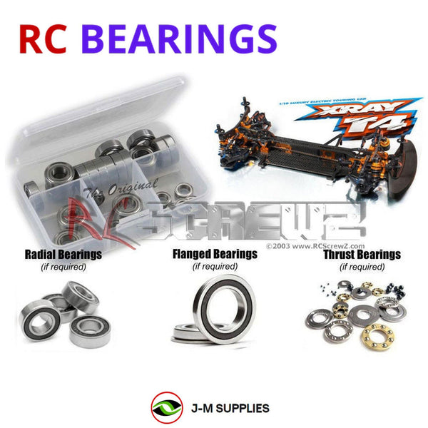 Representative image of an RCScrewZ rubber-sealed bearing kit for XRAY T4 2015 #300021; exact bearing sizes and quantities vary by RC model.