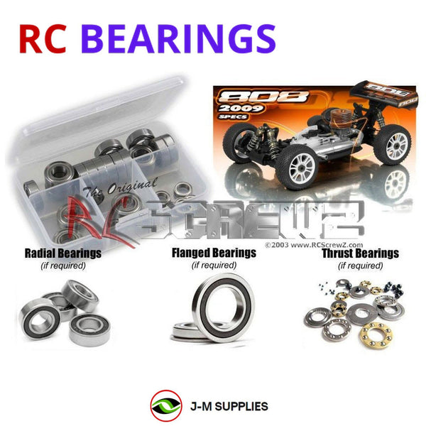 Representative image of an RCScrewZ rubber-sealed bearing kit for Team XRAY XB808 2009 Spec (#350004) 1/8 Nitro Buggy; exact bearing sizes and quantities vary by RC model.