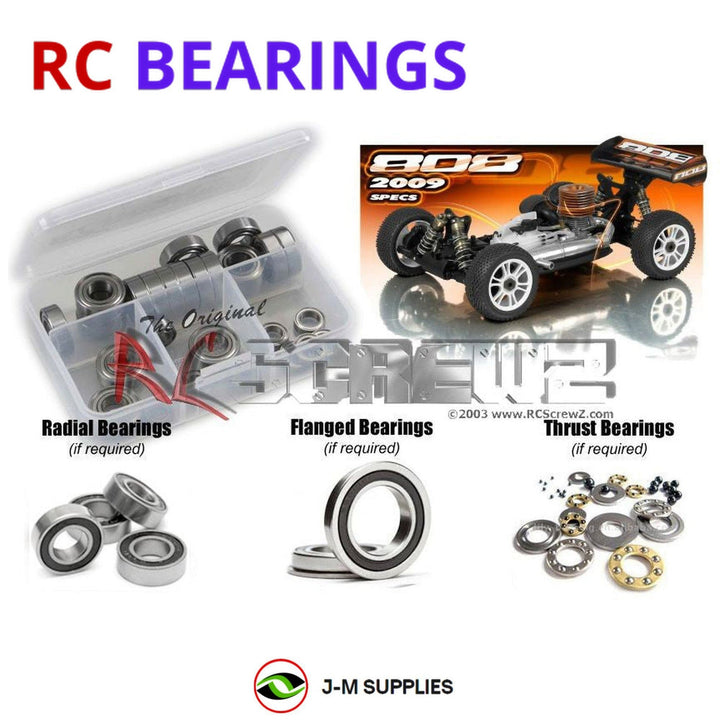 Representative image of an RCScrewZ rubber-sealed bearing kit for Team XRAY XB808 2009 Specs 1/8 Nitro 4WD Buggy (350004); exact bearing sizes and quantities vary by RC model.