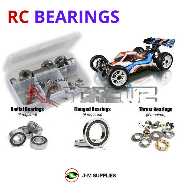 Representative image of an RCScrewZ rubber-sealed bearing kit for Team XRAY XB8e 1/8 Buggy #350152; exact bearing sizes and quantities vary by RC model.