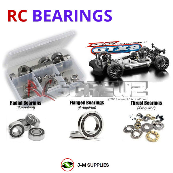 Representative image of an RCScrewZ rubber-sealed bearing kit for XRAY GTX8 1/8th #350500; exact bearing sizes and quantities vary by RC model.