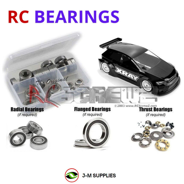 Representative image of an RCScrewZ rubber-sealed bearing kit for XRAY T4F 1/10th #300200; exact bearing sizes and quantities vary by RC model.