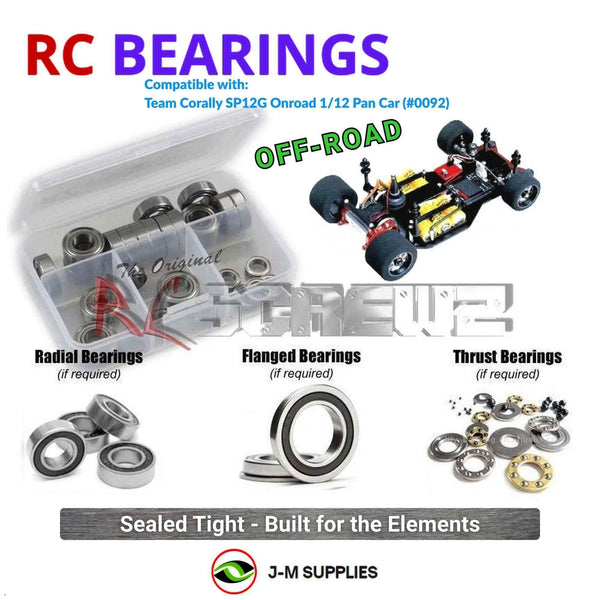 Representative image of an RCScrewZ rubber-sealed bearing kit for Team Corally SP12G Onroad 1/12 Pan Car (#0092); exact bearing sizes and quantities vary by RC model.
