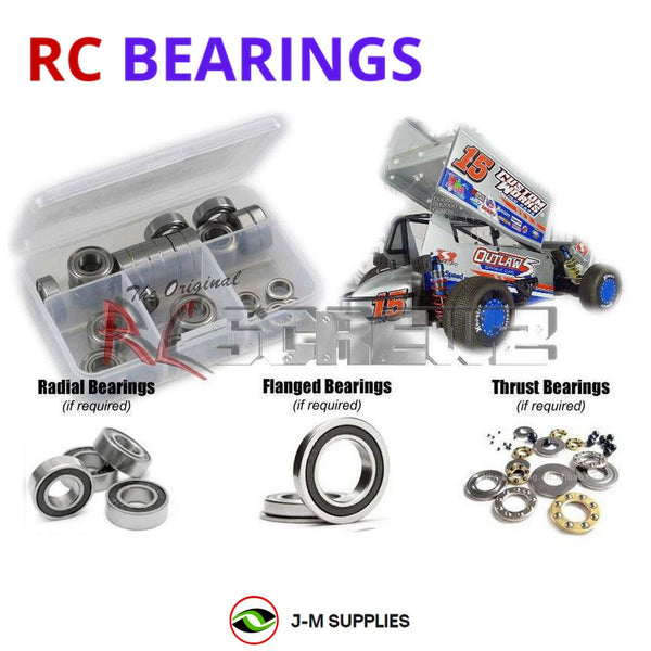 Representative image of an RCScrewZ rubber-sealed bearing kit for Custom Works Outlaw 5 (#0726) RC Car Model; exact bearing sizes and quantities vary by RC model.