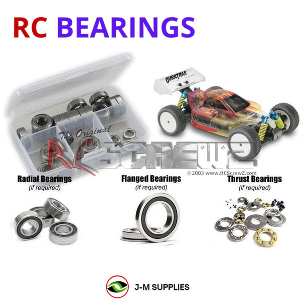 Representative image of an RCScrewZ rubber-sealed bearing kit for Duratrax Vendetta 1/18th RTR Buggy; exact bearing sizes and quantities vary by RC model.