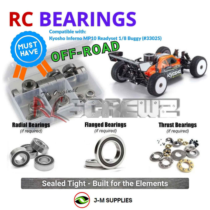 Representative image of an RCScrewZ rubber-sealed bearing kit for Kyosho Inferno MP10 Readyset 1/8 Nitro Buggy (#33025); exact bearing sizes and quantities vary by RC model.