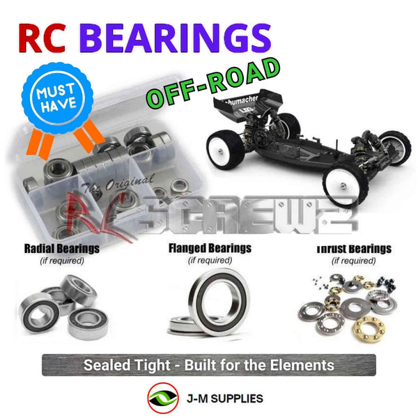 Representative image of an RCScrewZ rubber-sealed bearing kit for Schumacher Cougar LD3 1/10th Buggy (#K208/209/210); exact bearing sizes and quantities vary by RC model.