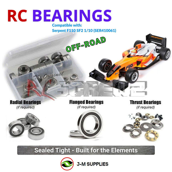 Representative image of an RCScrewZ rubber-sealed bearing kit for Serpent F110 SF2 1/10 (#SER410061); exact bearing sizes and quantities vary by RC model.